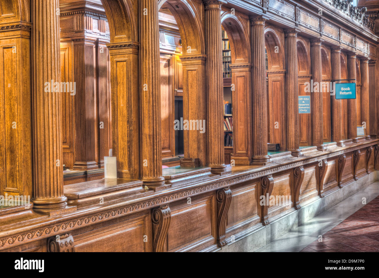 The book return at the center of Rose Main Reading Room in the main branch of the New York Public Library Stock Photo