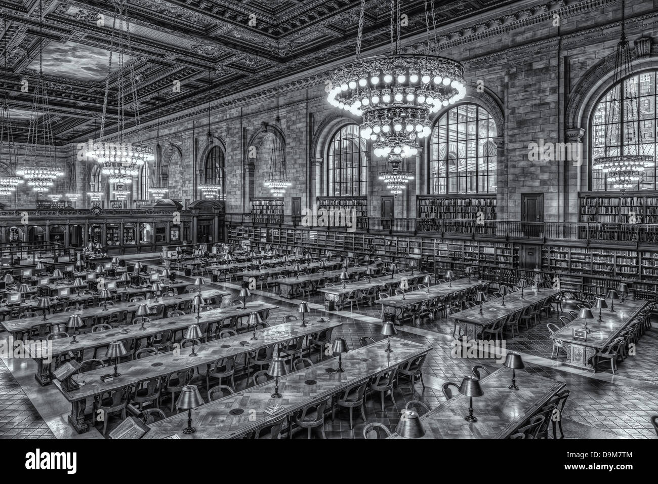 An elevated view of the Rose Main Reading Room in the main branch of the New York Public Library in New York City. Stock Photo