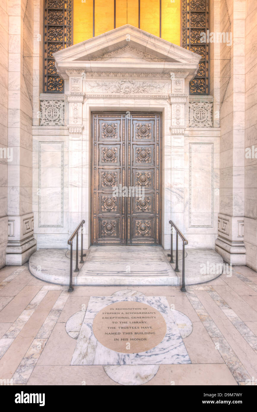 Bronze doors adorn the main entrance to the New York Public Library's BeauxArts Stephen A