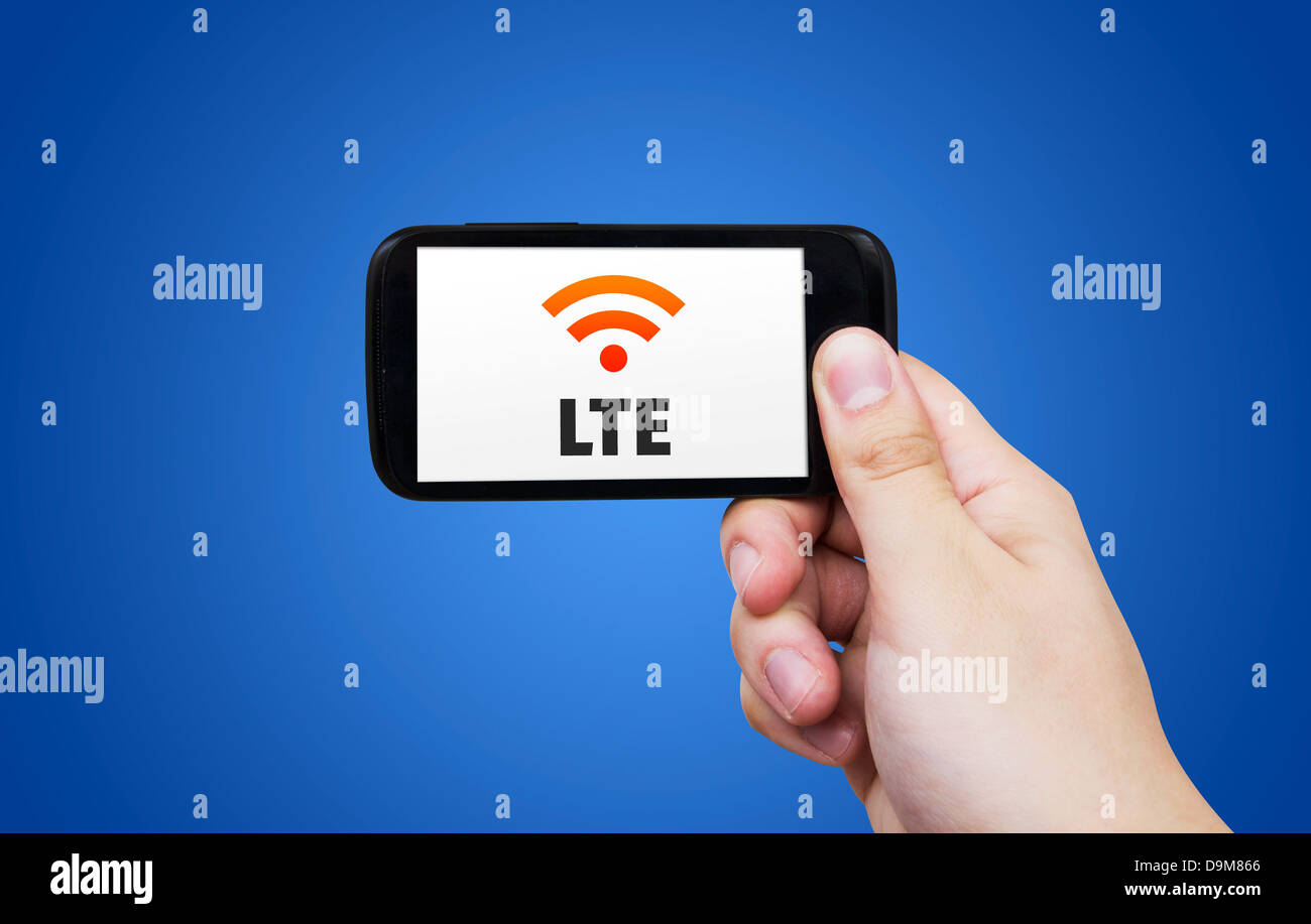 LTE high speed mobile internet connection. Hand holding cell with streaming data Stock Photo