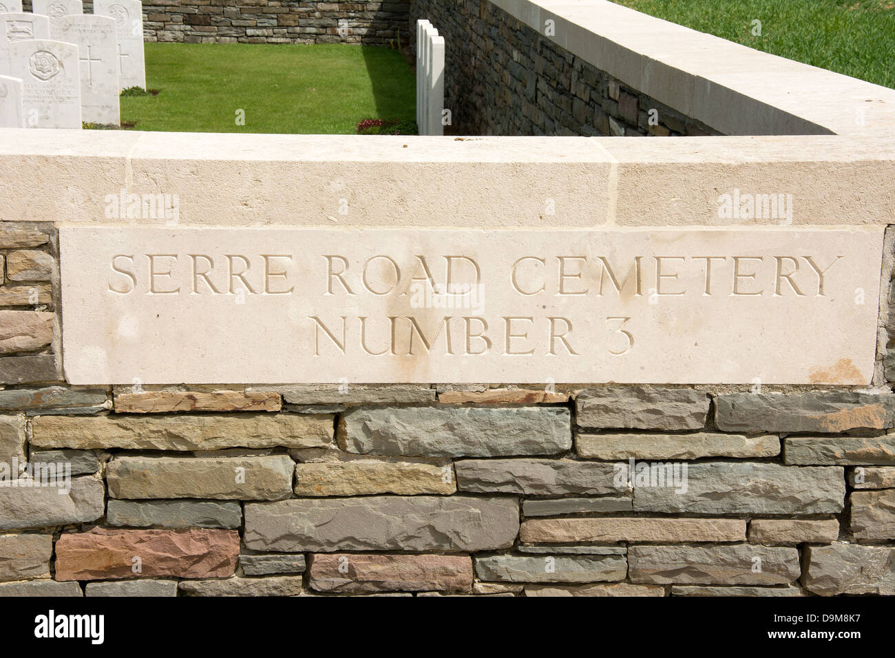 Entrance sign for one of the Serre Road cemeteries. Stock Photo