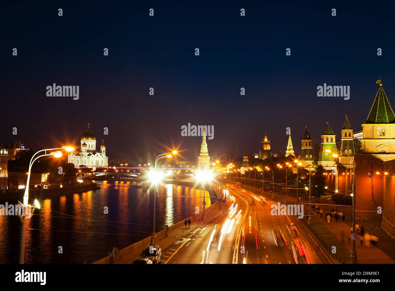 night view of the Moscow River, Kremlin, Christ the Savior Cathedral and road Stock Photo