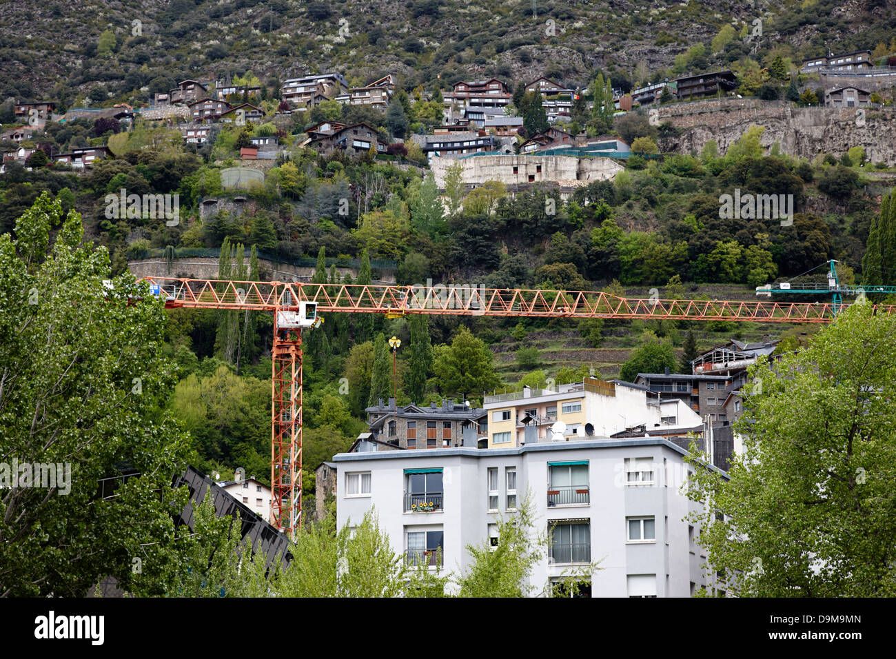 construction underway on steep mountain sides in andorra la vella valley andorra Stock Photo