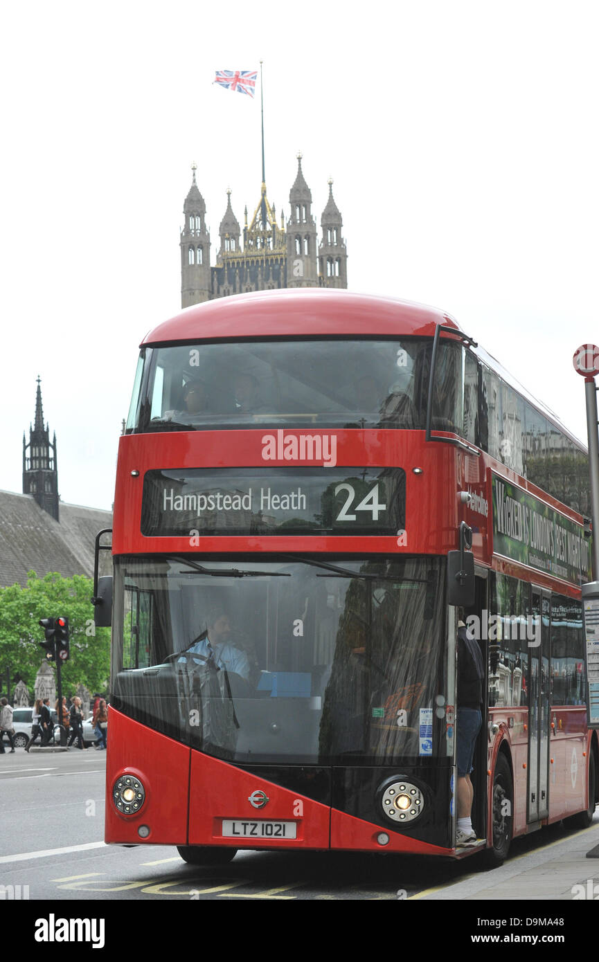 Whitehall, London, UK. 22nd June 2013. With Parliament in the background one of The New Bus for London (NB4L) on the 24 route on Whitehall. Credit:  Matthew Chattle/Alamy Live News Stock Photo