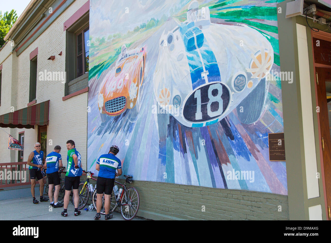 Race car mural painted on wall of building on North Franklin Street in Watkins Glen New York Stock Photo