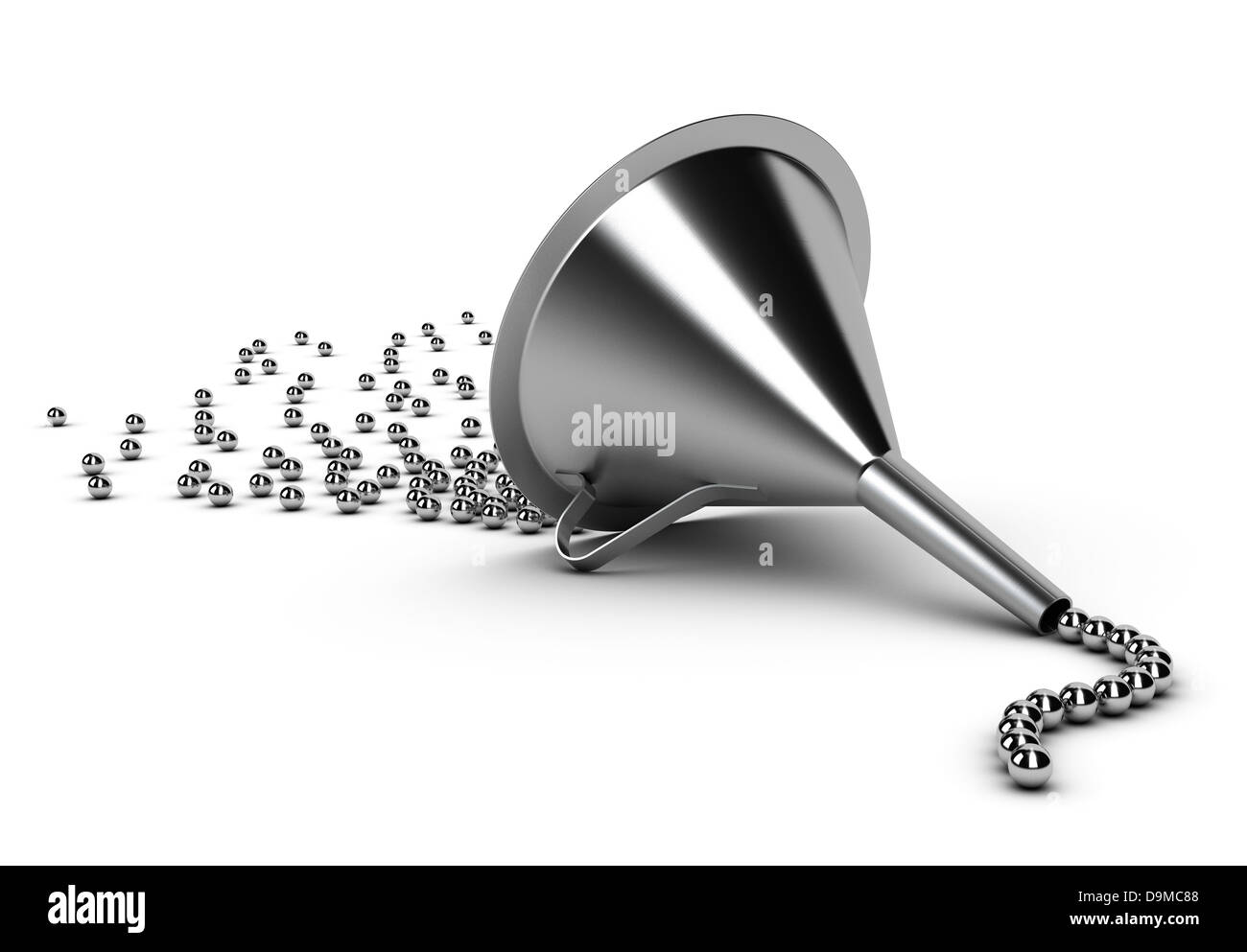 Many chrome balls in a jam and a funnel, at the output the balls are well organized, 3D render suitable for convertion funnel Stock Photo