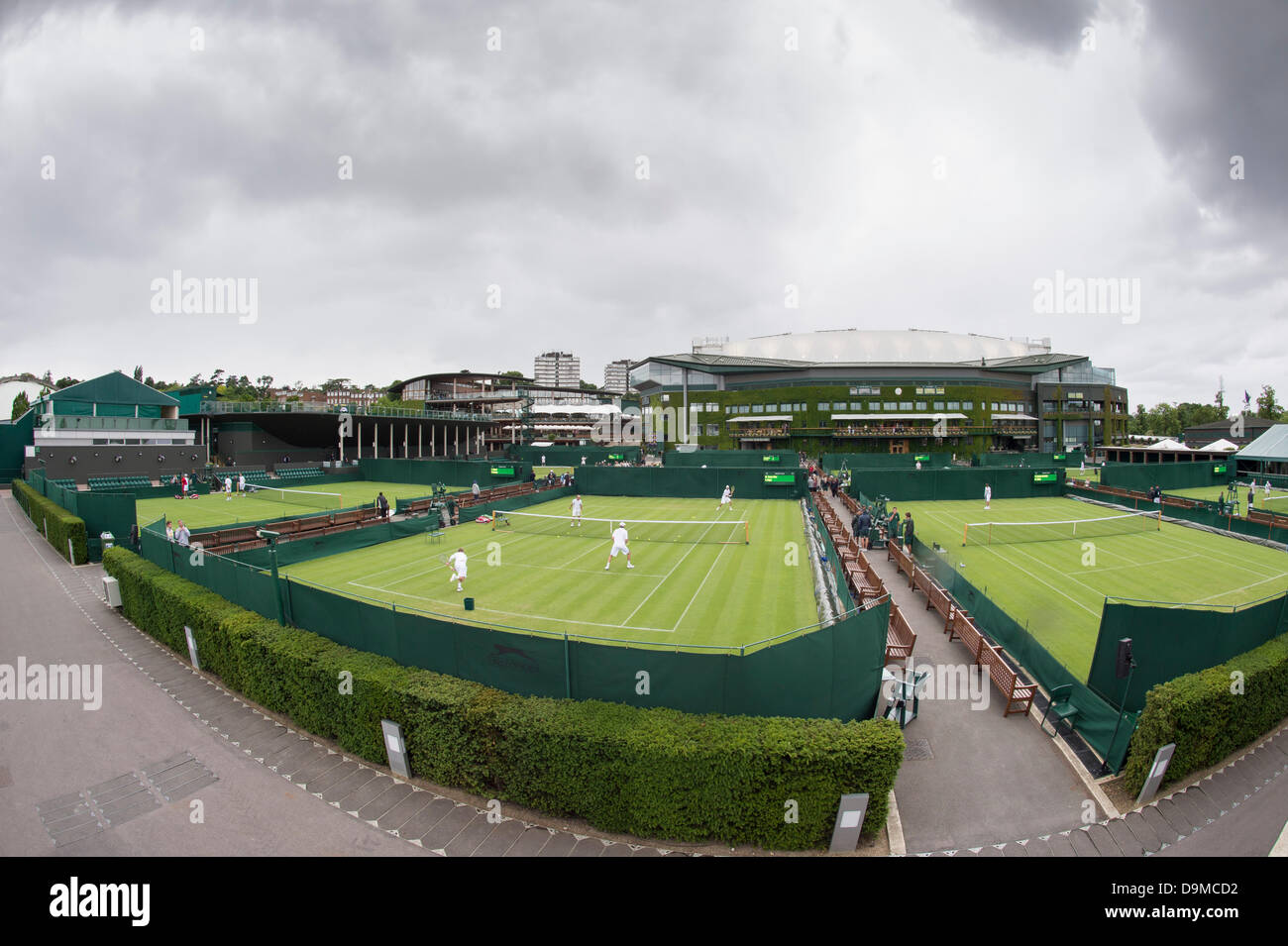 London, UK. 22nd June 2013. Practice and preparations take place ahead of The Wimbledon Tennis Championships 2013 held at The All England Lawn Tennis and Croquet Club.  General View (GV). Practice at the AELTC. Credit:  Duncan Grove/Alamy Live News Stock Photo