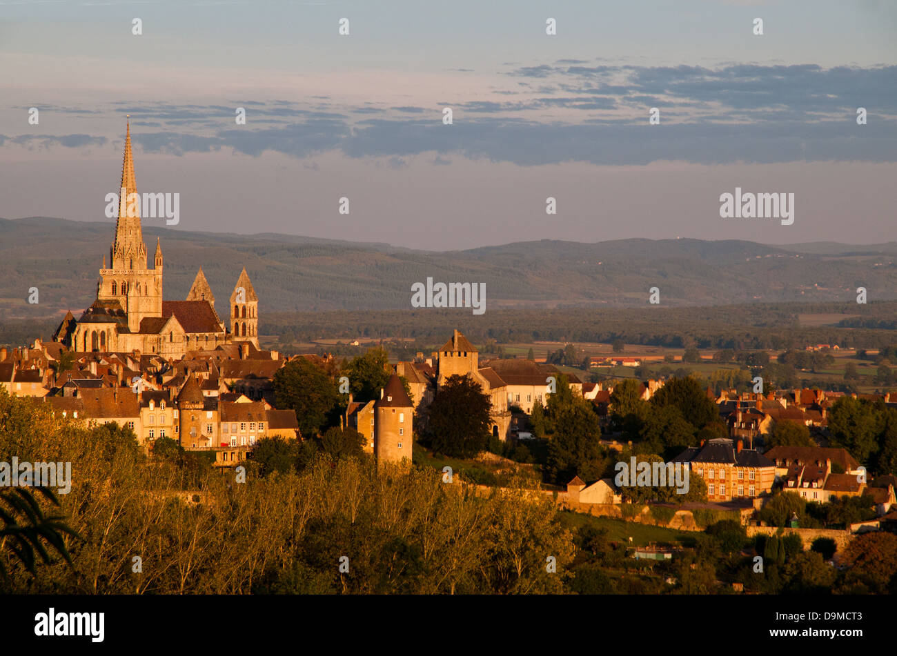Saint Nazaire Cathedral Autun Burgundy France with gothic spire seen from Rue de Planoises in the morning Stock Photo