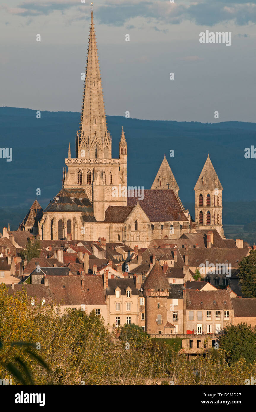 Saint Nazaire Cathedral Autun Burgundy France with gothic spire seen from Rue de Planoises in the morning Stock Photo