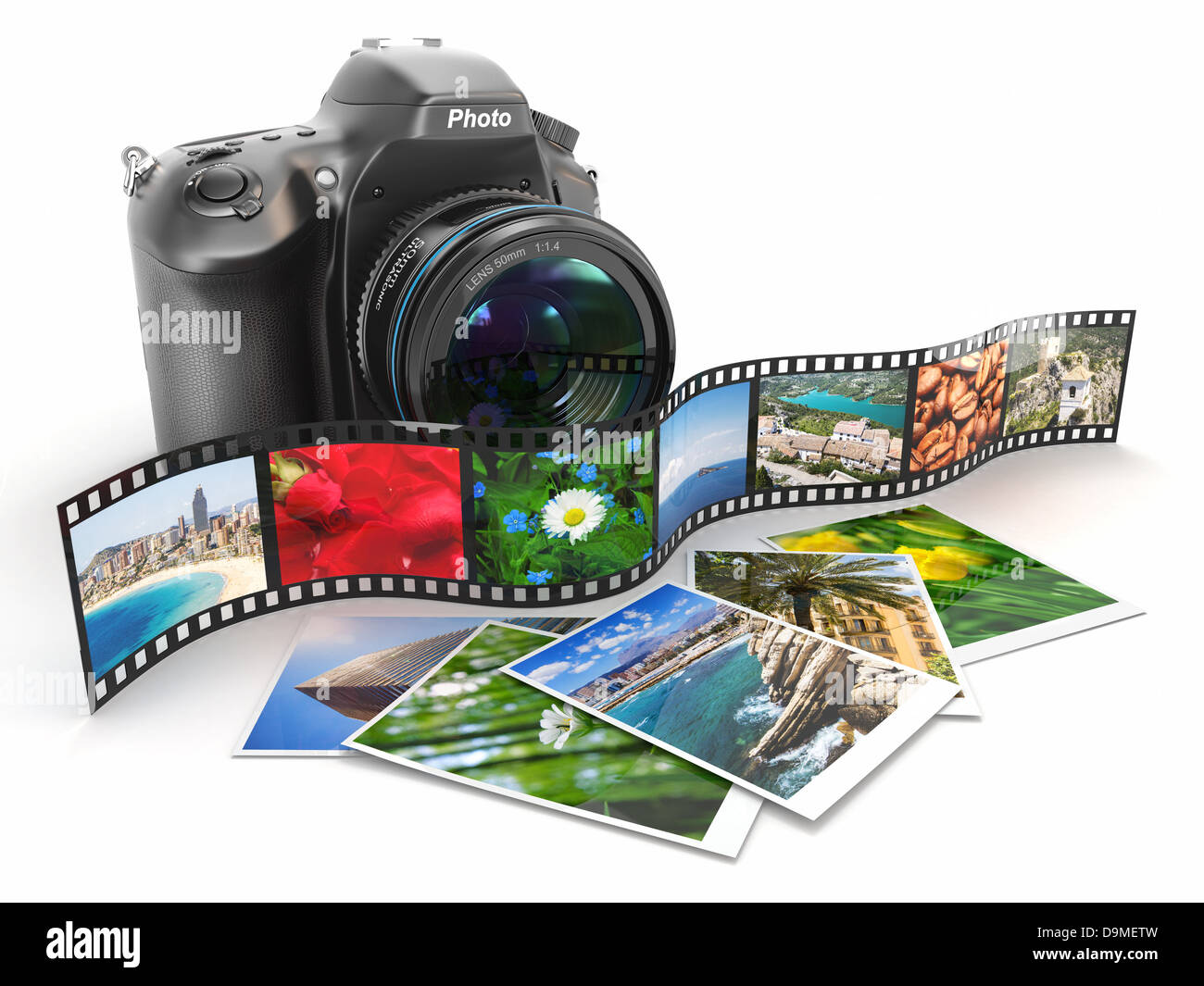 Photography. Slr camera, film and photos. 3d Stock Photo
