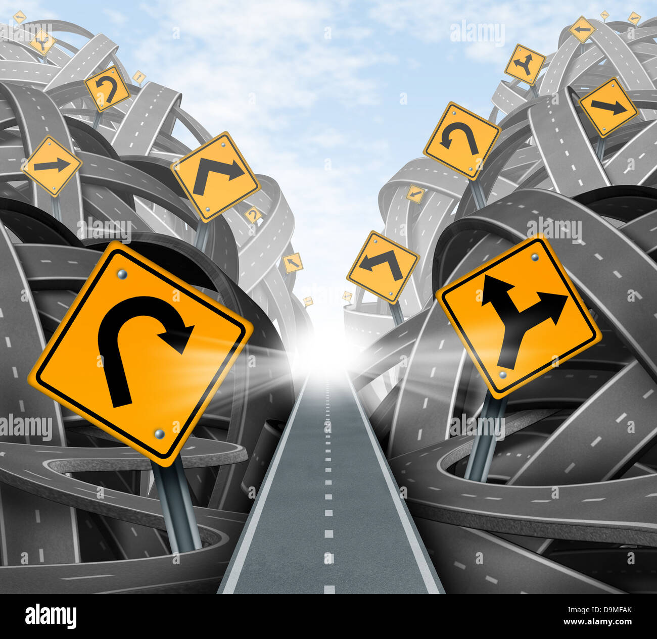 Clear strategic solution for business leadership with a straight path to success choosing the right strategy path with yellow traffic signs cutting through a maze of tangled roads and highways. Stock Photo