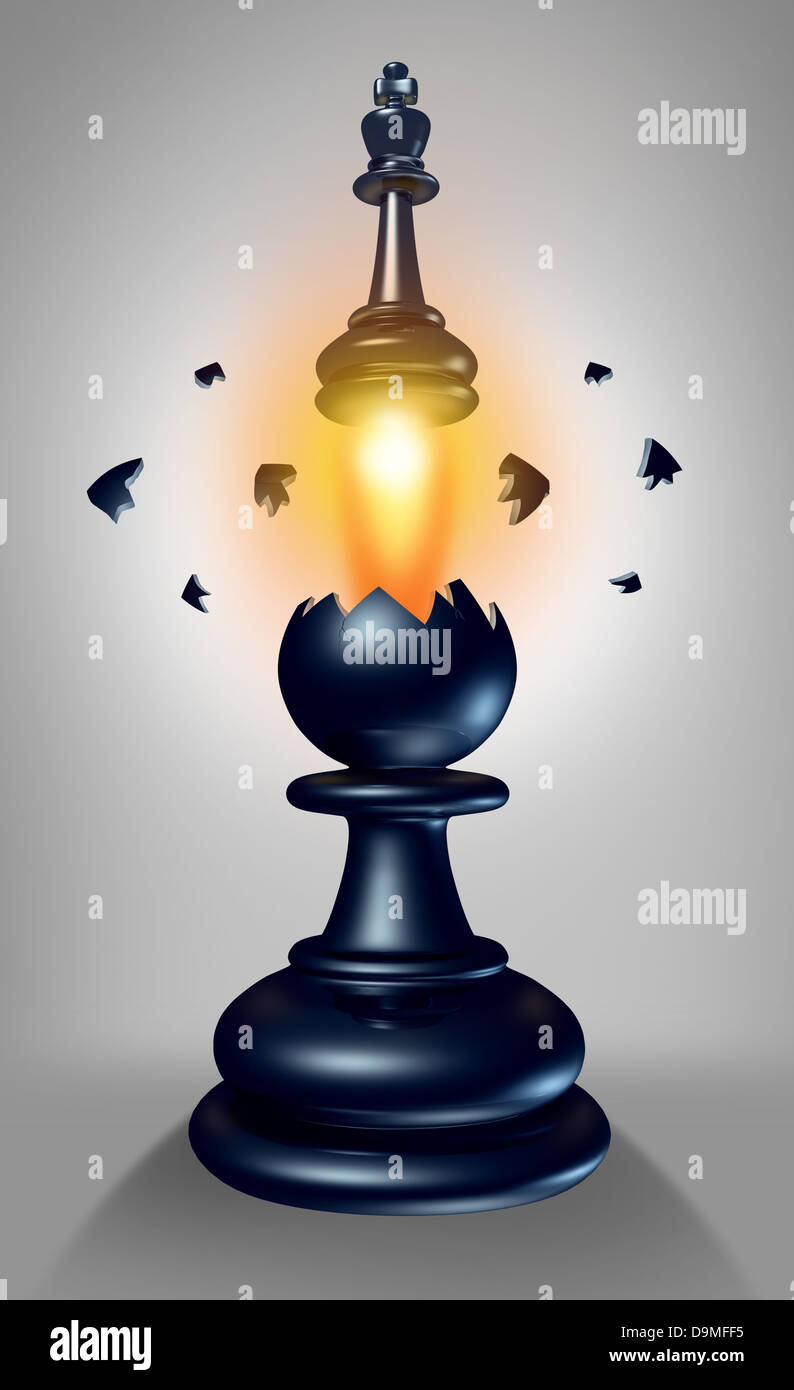 Emerging leadership and the power within to lead in business as a chess game king figurine breaking out of a pawn as a concept for success and aspirations to excell to a your full potential. Stock Photo