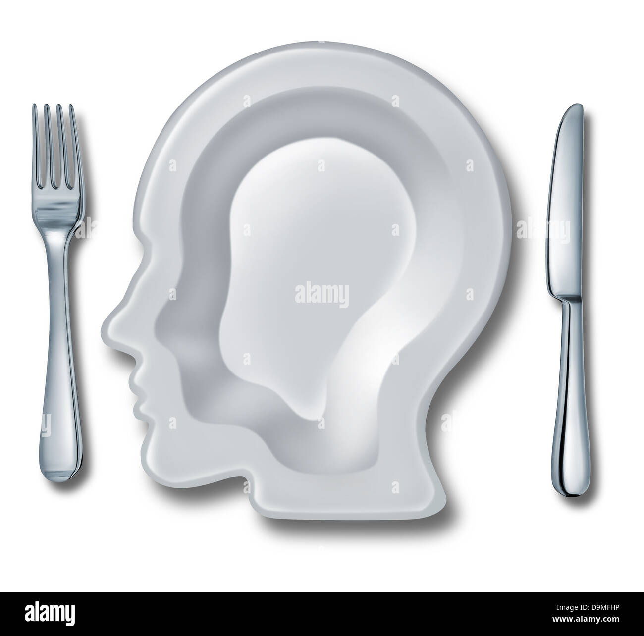 Smart eating and recipe menu planning with a white ceramic plate in the shape of a human head as an intelligent food guide concept for healthy living and dieting choices. Stock Photo