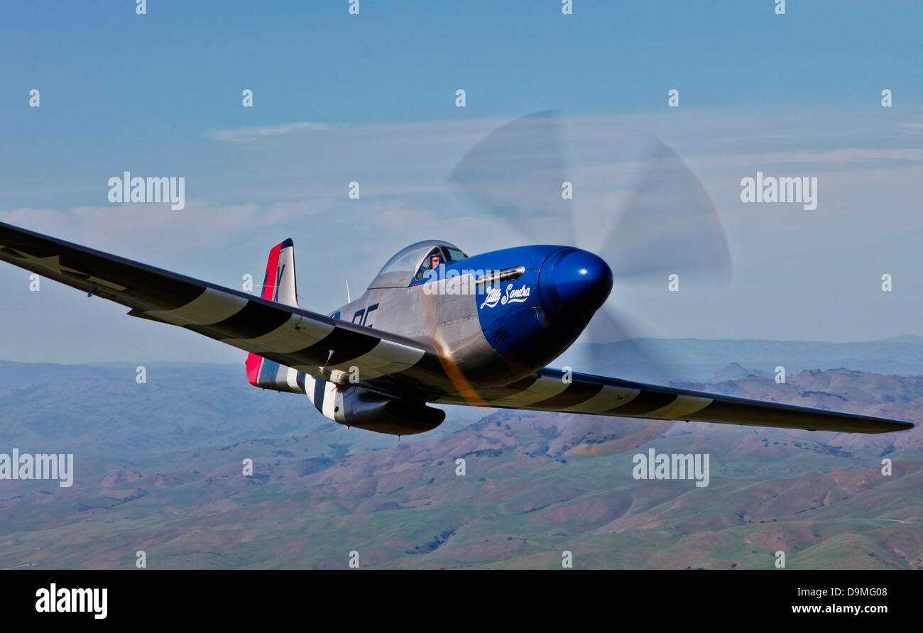 A P-51D Mustang in flight over Hollister, California. Stock Photo
