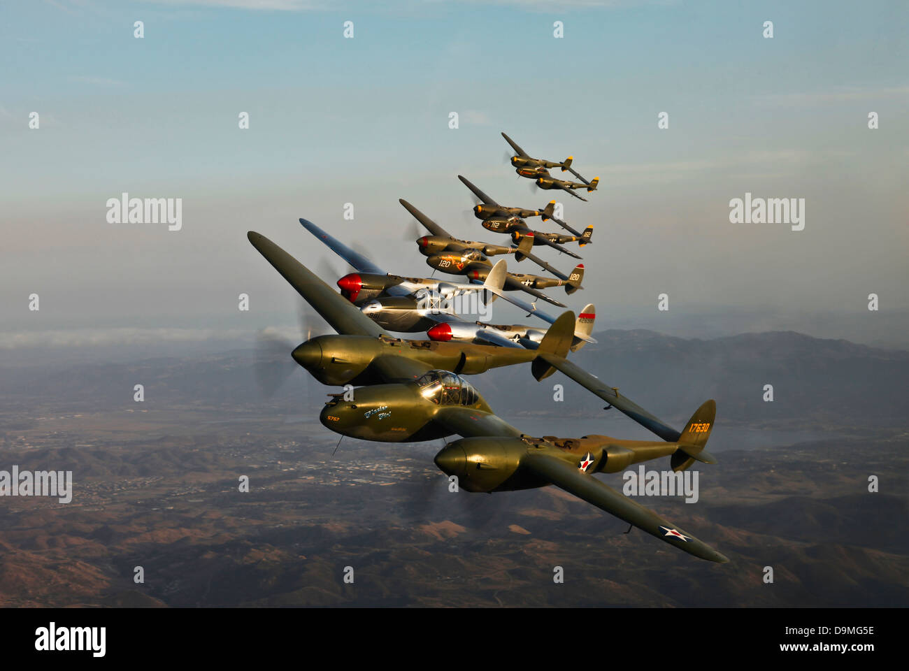Historic flight of five Lockheed P-38 Lightnings, California. Stock Photo