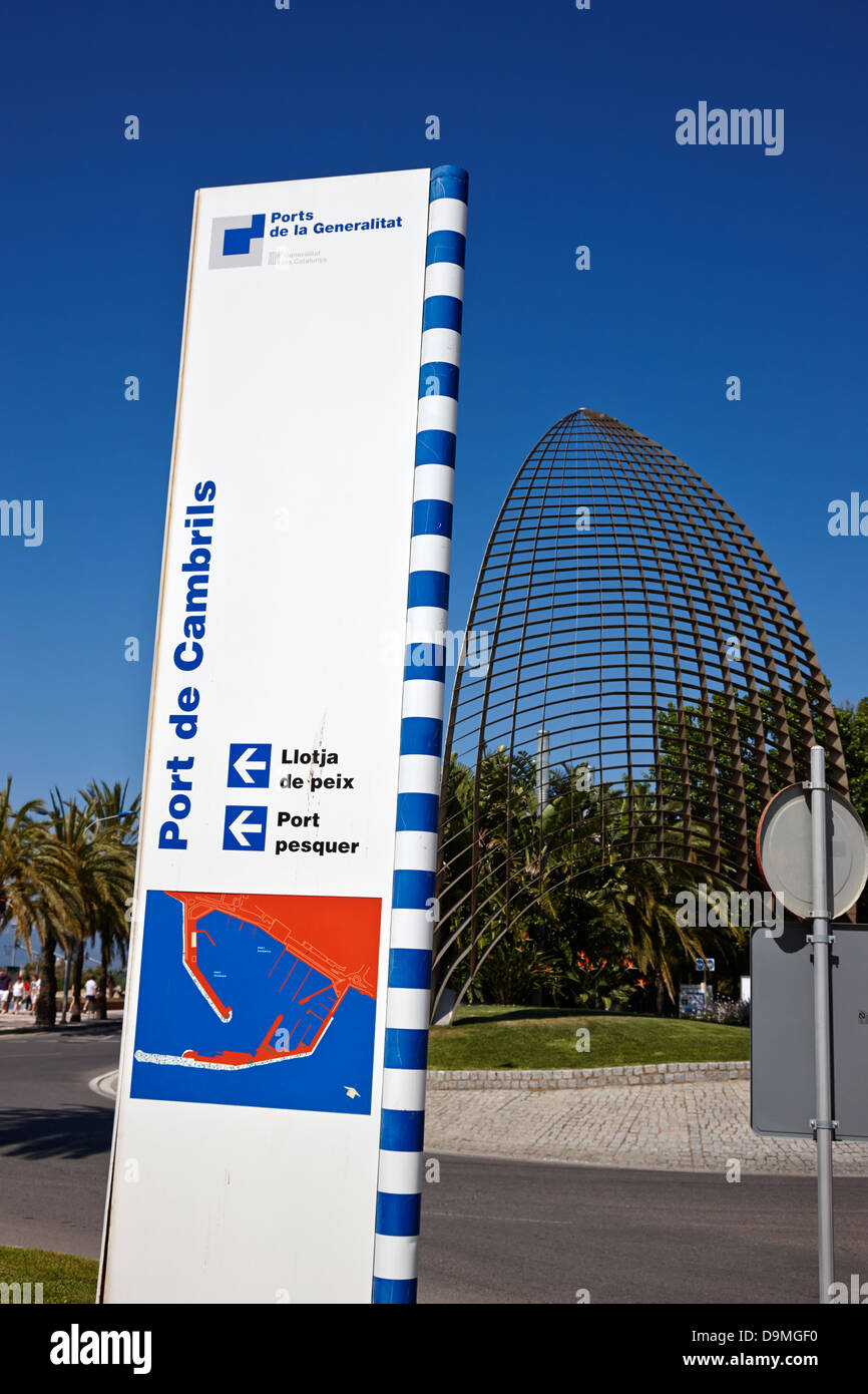 tot vela sail sculpture at the entrance to the port harbour of Cambrils Catalonia Spain Stock Photo