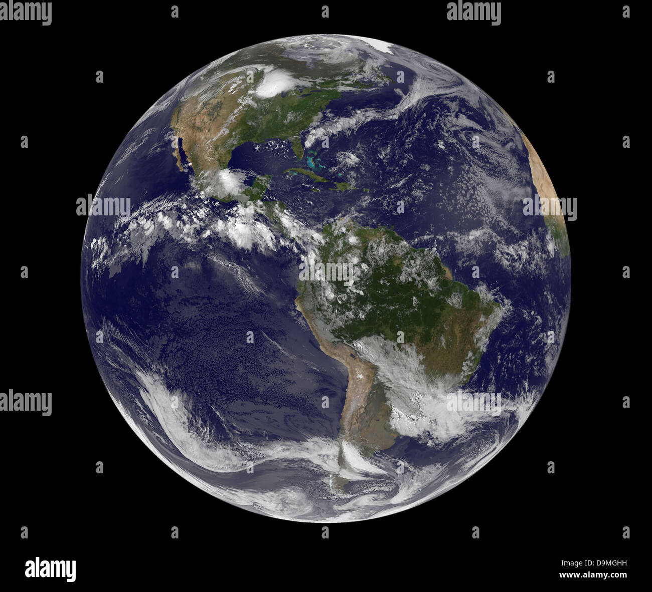 This full view image of the Earth from NOAA's GOES-13 satellite marking the start of astronomical summer in the northern hemisphere, making it the longest day of the year was captured on June 21, 2012. Known as the summer solstice it occurs when the tilt of a planet's semi-axis is in the northern most inclined toward the Sun. Credit:  Planetpix/Alamy Live News Stock Photo