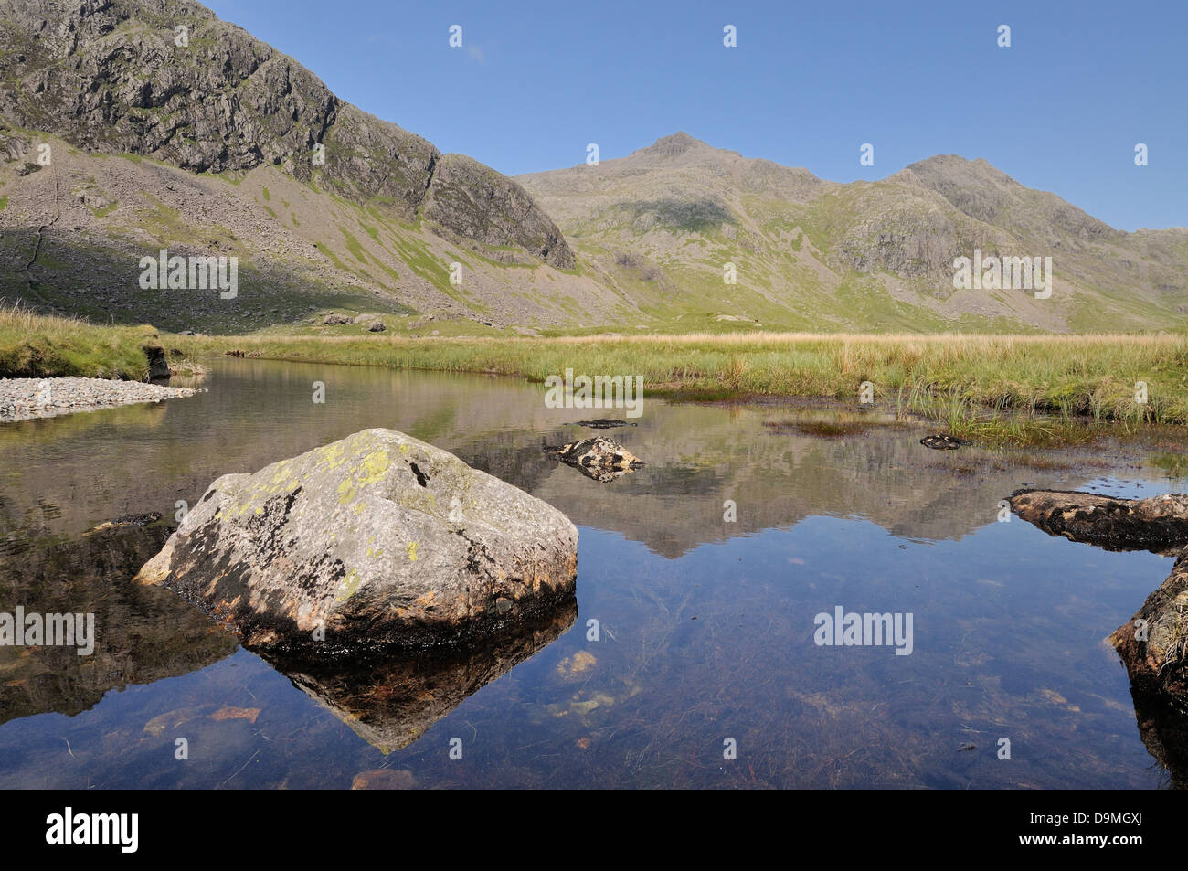 Scafell Pike reflected in the River Esk at Great Moss, Upper Eskdale, Lake District Stock Photo