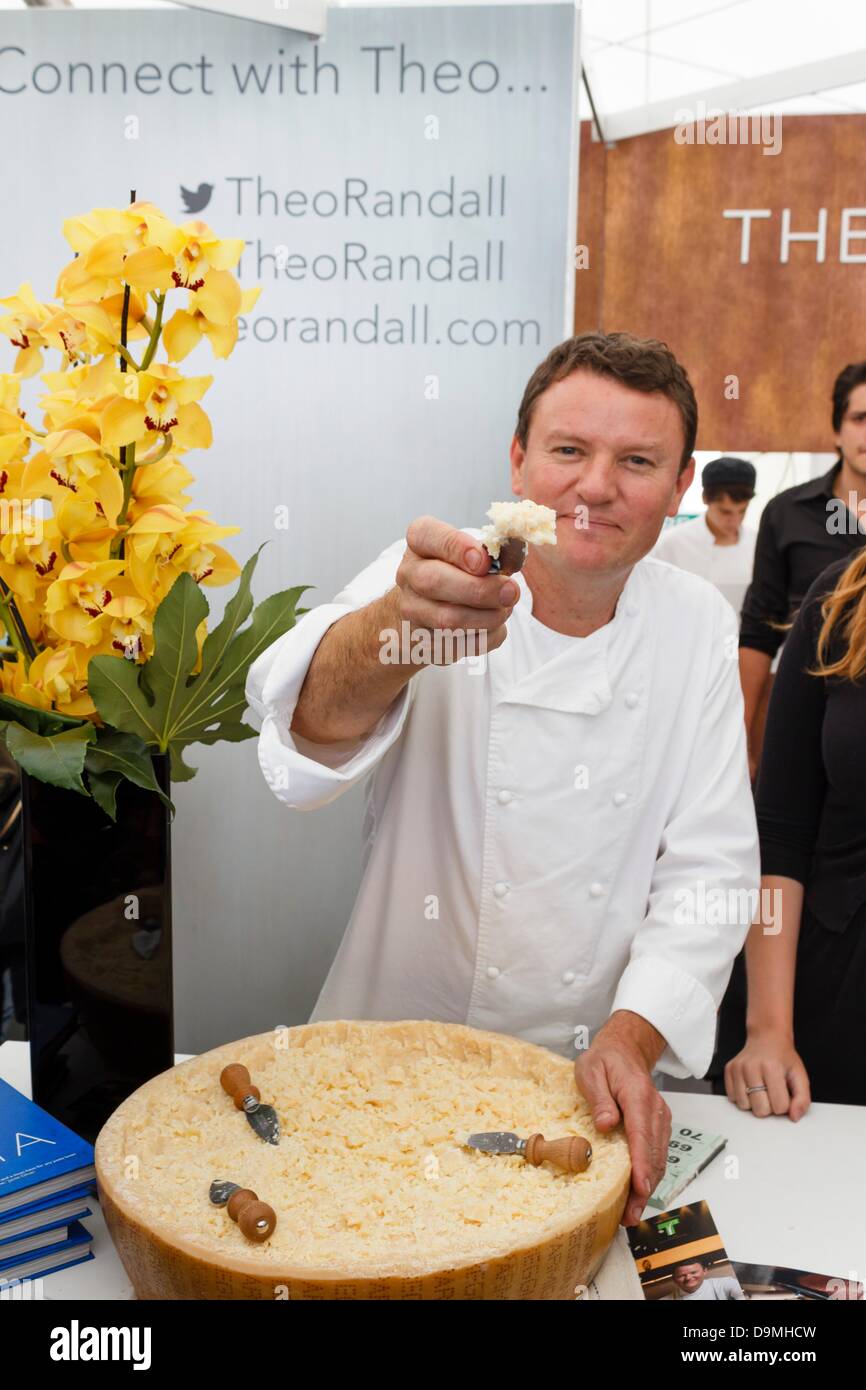London, UK. 22nd June 2013. Taste of London 2013, Celebrity chef Theo Randall offers a sampling of Parmesan cheese to visitors to the Theo Randall at the Intercontinental stand. The event takes place every year in Regents Park, where 40 of the city's top restaurants serve their finest dishes for visitors to sample. London, UK. 22nd June 2013. Photo: Paul Maguire/Alamy Live News Stock Photo