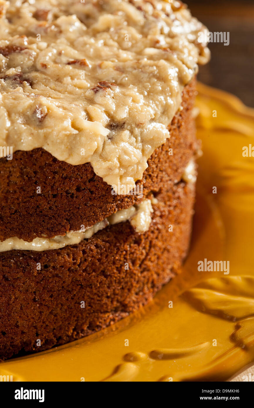 Homemade Gourmet German Chocolate Cake with almonds and coconut Stock Photo