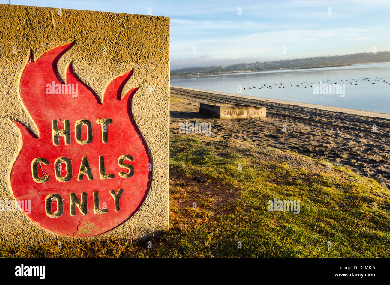 Hot Coals Only receptacle. Crown Point Shores, Mission Bay Park,  San Diego, California, United States. Stock Photo