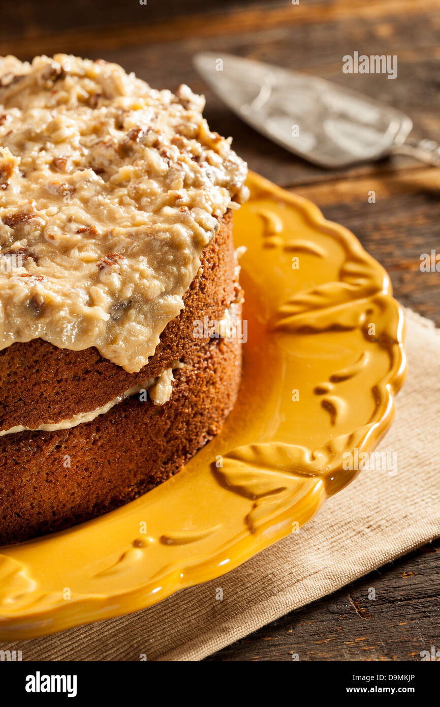 Homemade Gourmet German Chocolate Cake with almonds and coconut Stock Photo