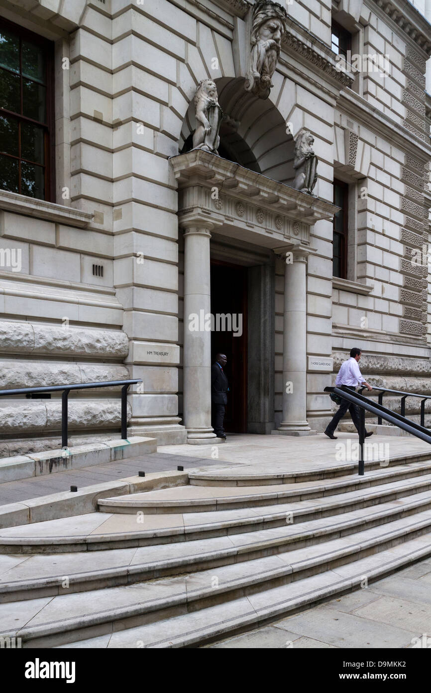 Main entrance to HM Treasury offices, Whitehall, Westminster, London, UK Stock Photo