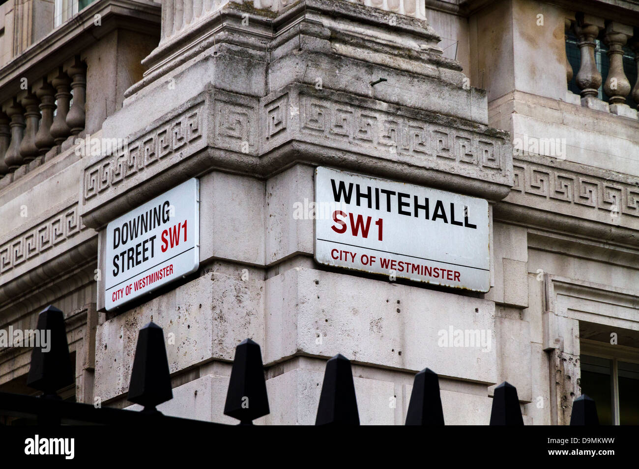Street signs at the corner of Downing Street and Whitehall, Westminster, London, UK Stock Photo