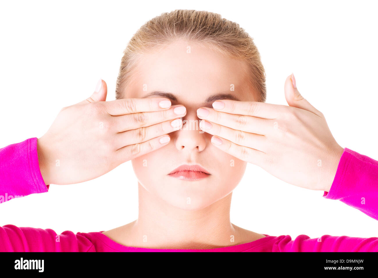 Young teen woman covering her face with hands, isolated on white Stock ...