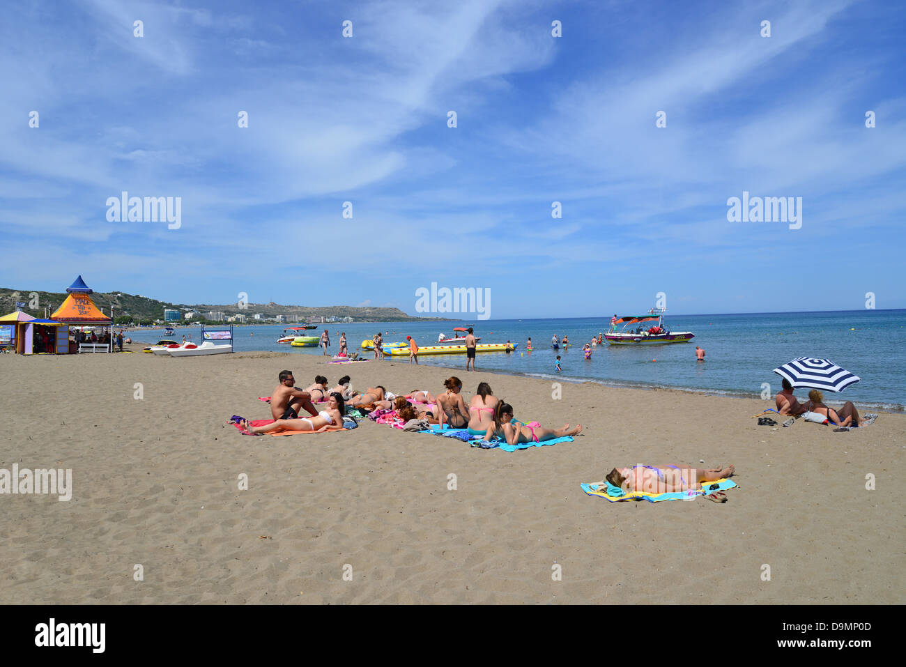 Faliraki Beach, Faliraki, Rhodes (Rodos) Region, The Dodecanese, South Aegean Region, Greece Stock Photo