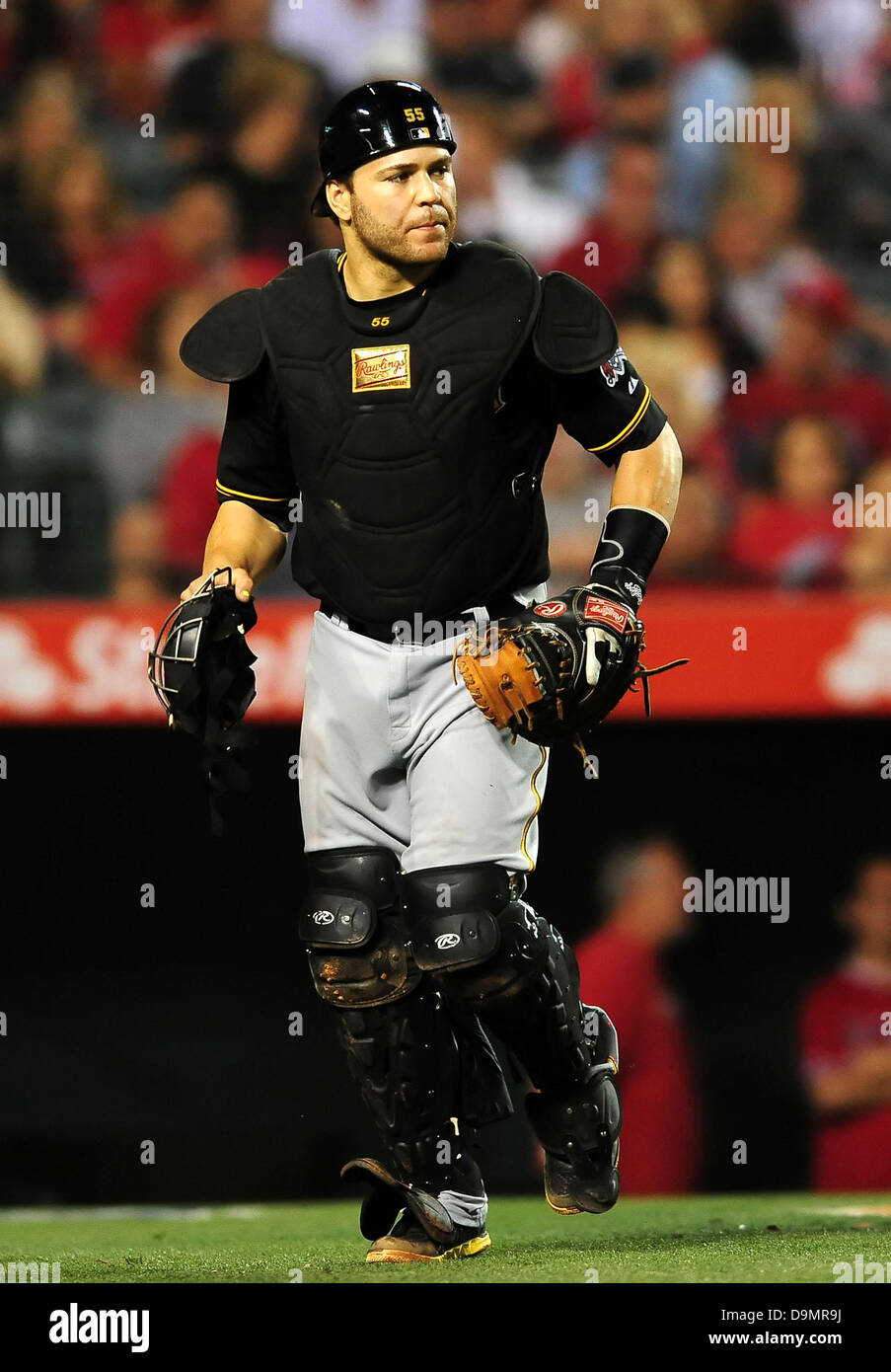 Pittsburgh Pirates catcher Russell Martin (55) looks to the umpire in the  sixth inning of the 11 inning 2-1 win over the St. Louis Cardinals at PNC  Park in Pittsburgh, on July