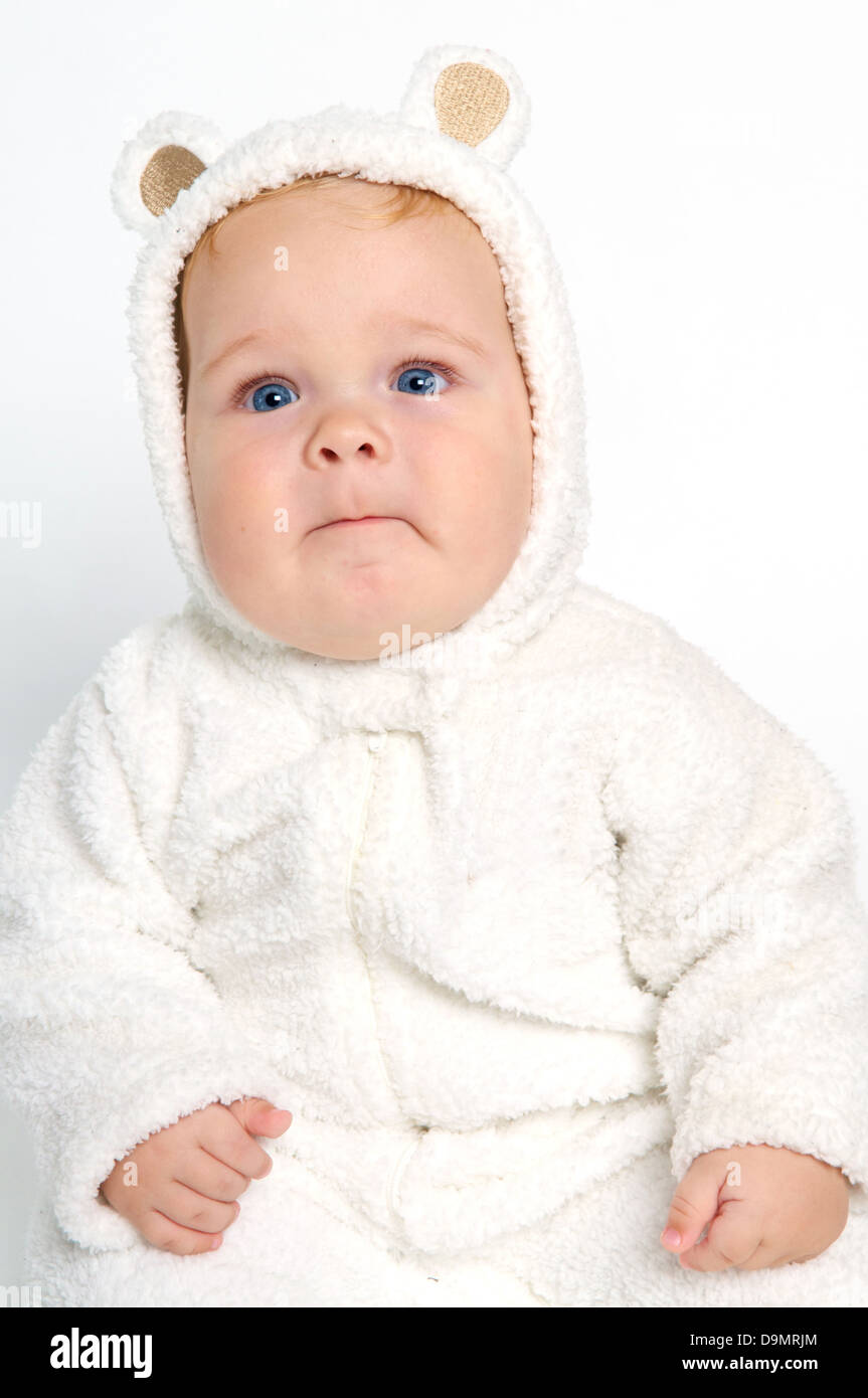 Cute smiling blond baby in bear suit Stock Photo Alamy