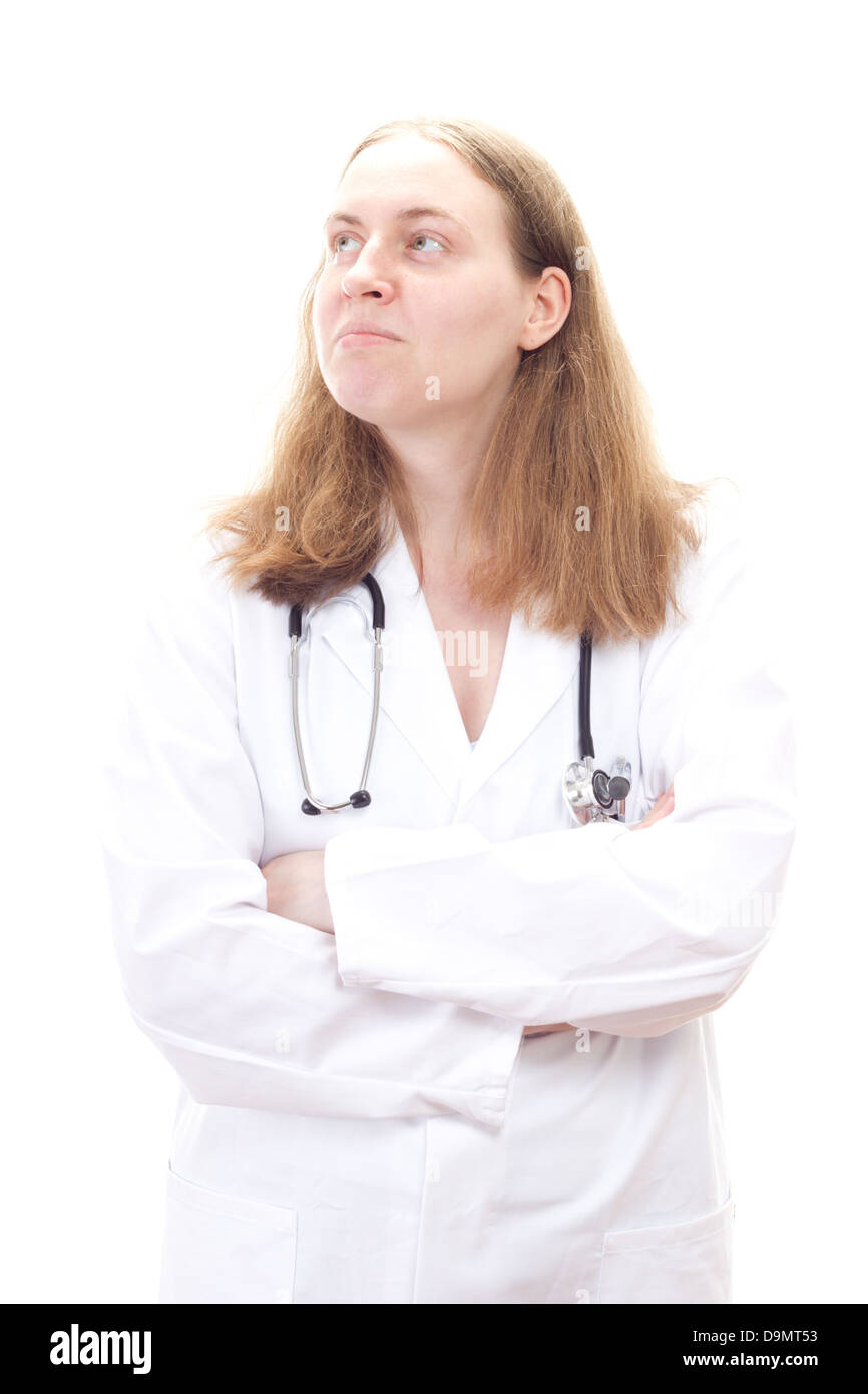 Young female physician cross-armed thinking about something Stock Photo