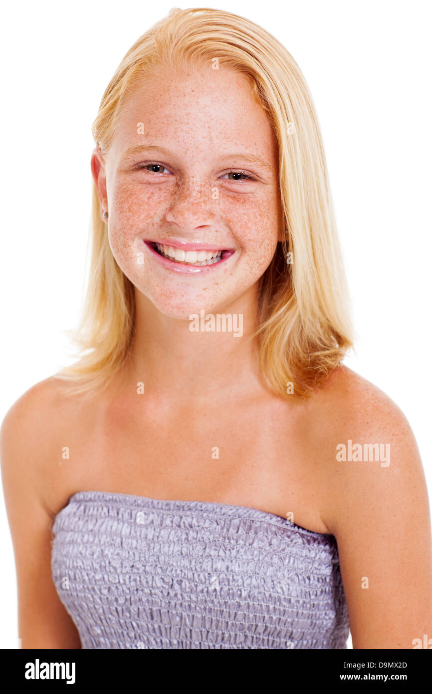 happy teen girl with freckles isolated on white Stock Photo