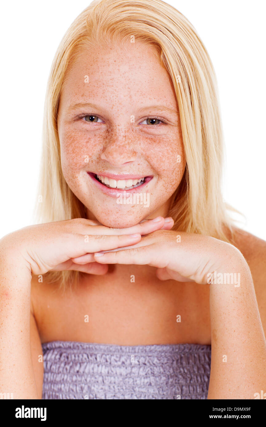 cheerful preteen girl headshot portrait on white Stock Photo - Alamy