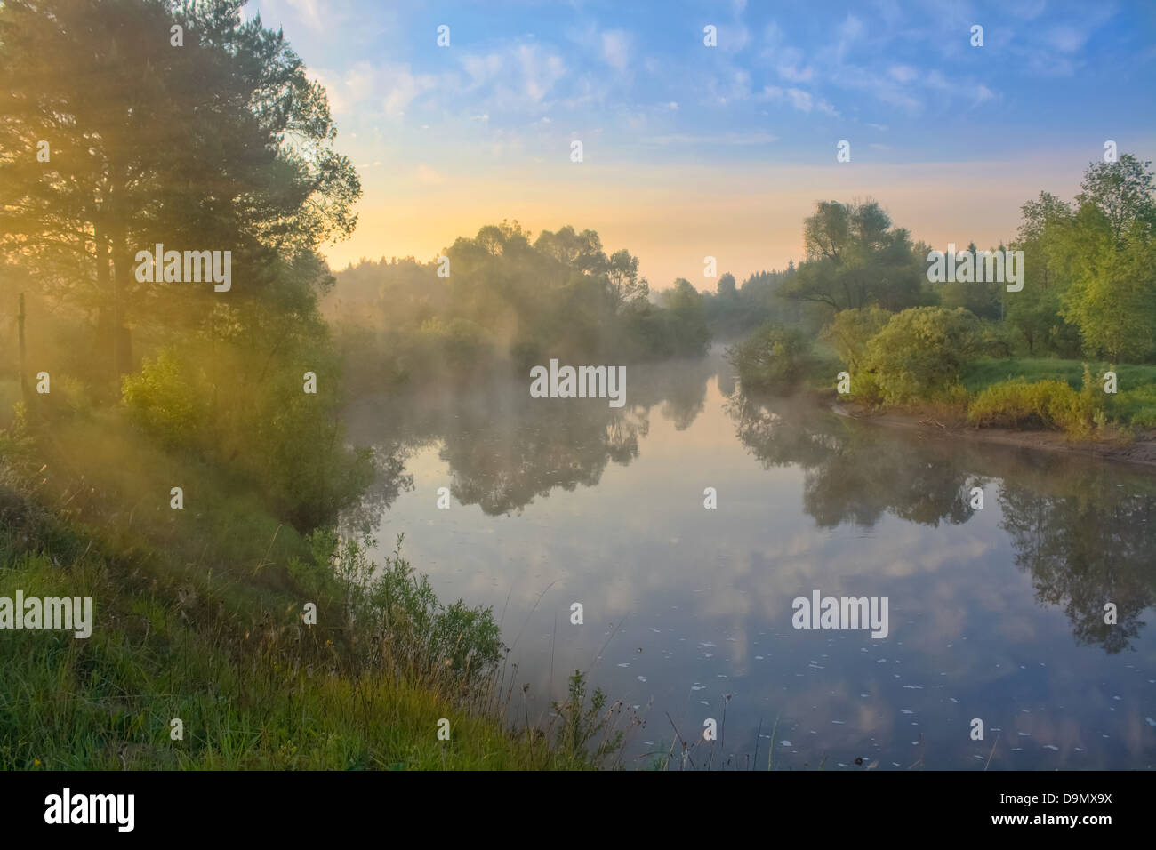 summer landscape with sunrise over the river Stock Photo - Alamy