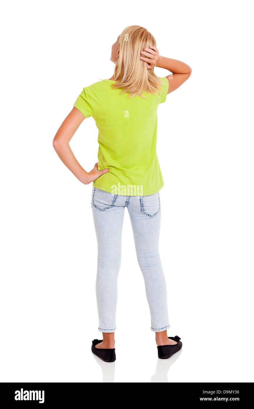 rear view of pre teen girl thinking Stock Photo