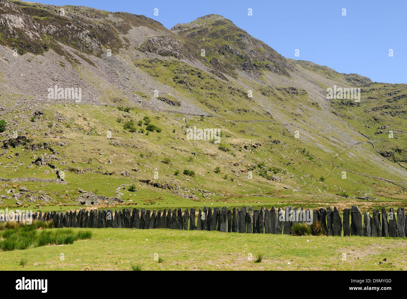 Traditional Welsh slate fence Croesor Cwm Croesor beneath Cnicht Mountain Gwynedd Snowdonia