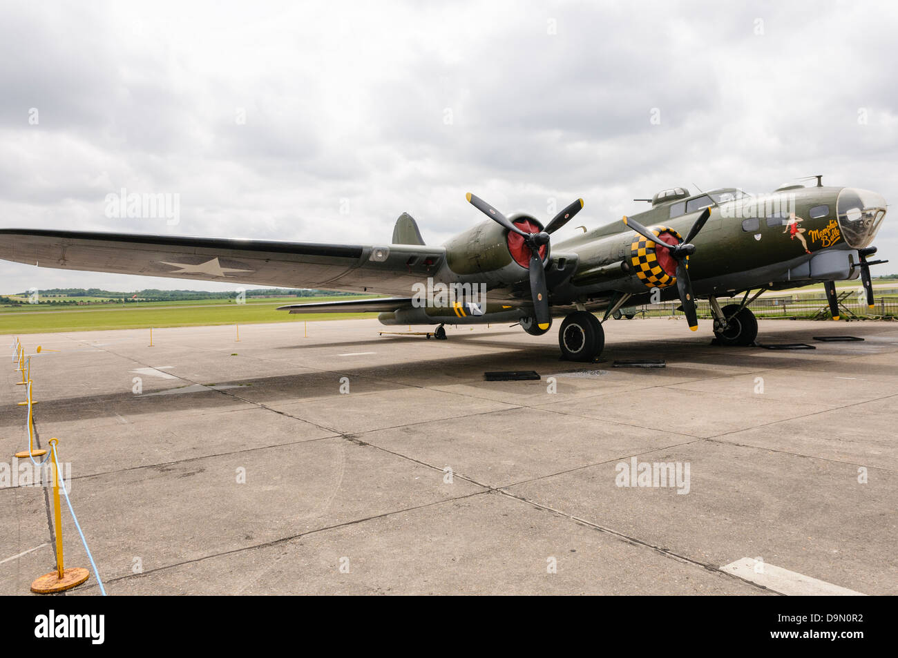 B-17G Flying Fortress bomber "Sally B", one of three aircraft used in the 1990 film "Memphis Belle" parked at Duxford Airfield, and the last airworthy Stock Photo