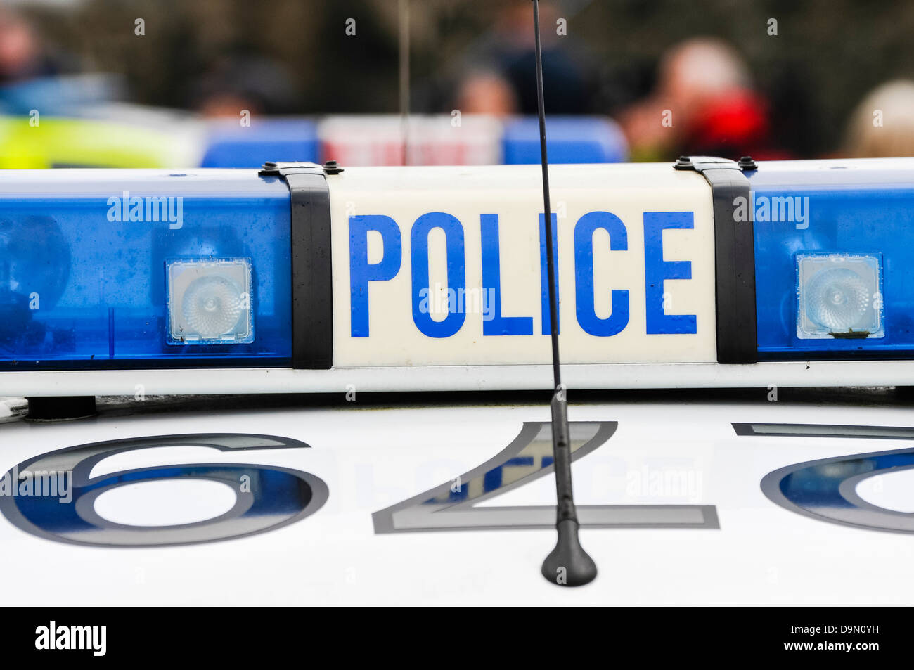 Blue lights on top of a police car in an emergency situation event Stock Photo
