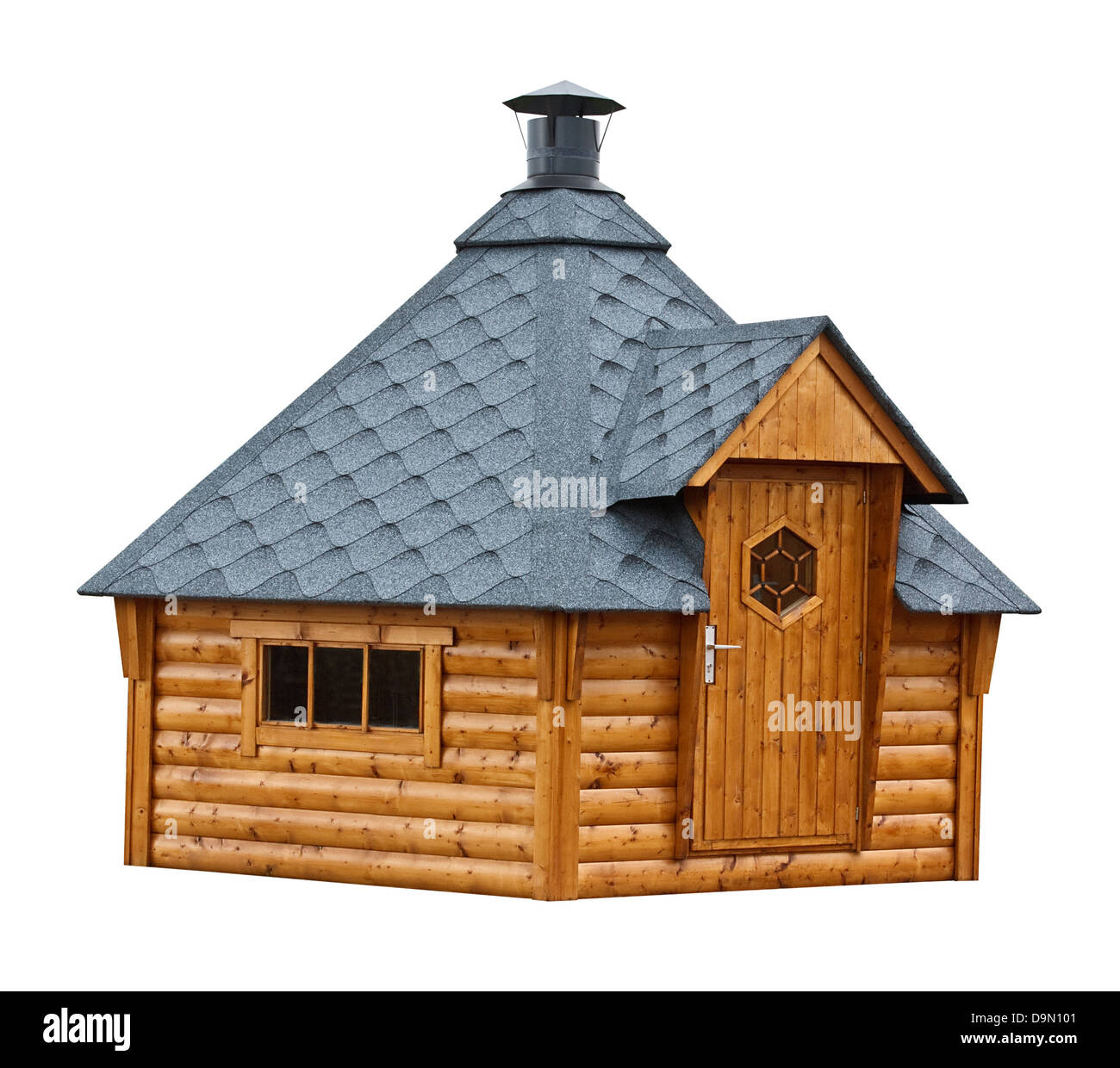 Outdoor wooden shed with chimney, popular in the netherlands for housing a sauna or barbecue Stock Photo