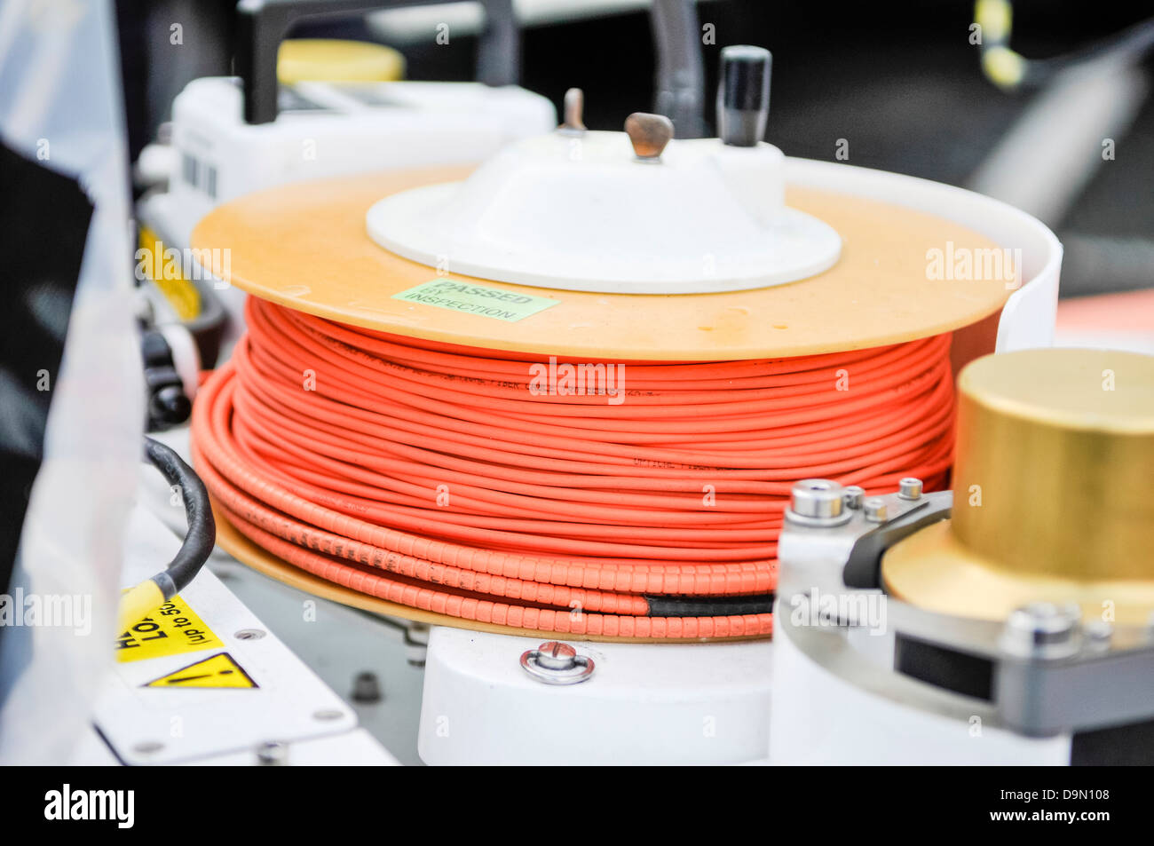 Reel of detonator cord on the top of a Cutlass robot from Northrop Grumman, used to detonate controlled explosions Stock Photo