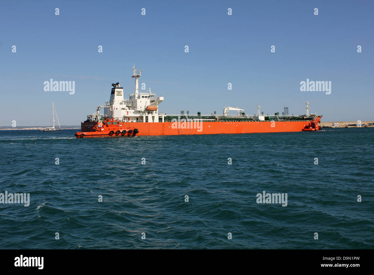Petrolier / Petroleum product carrier “Vallee di Andalusia” entering port with tug assistance Stock Photo