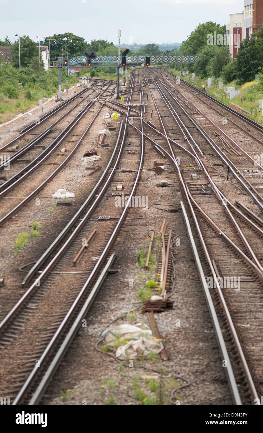 Main line railway track heading south west from Wimbledon station in