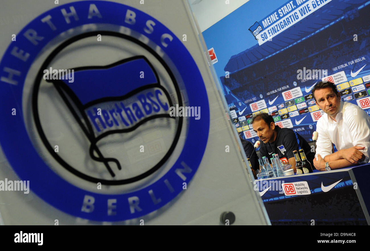 Hertha BSC's head coach Jos Luhukay (L) and Michael Preetz take part in a press conference as part of the start of this year's+ trainig at Schenckendorffplatz in Berlin, Germany, 23 June 2013. Photo: Oliver Mehlis Stock Photo