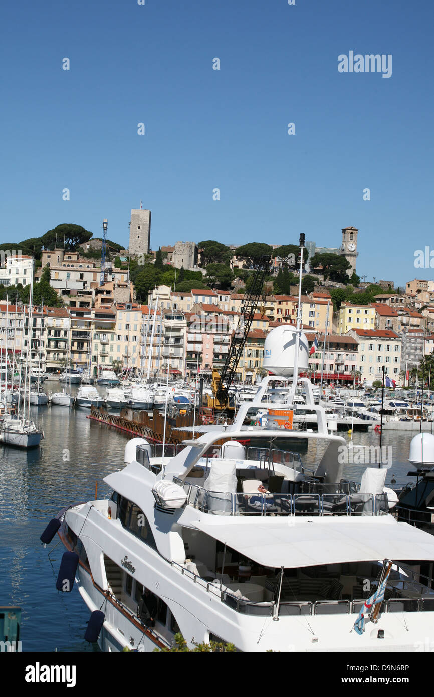 Yachts moored in Cannes harbour, France during the Cannes Film Festival Stock Photo