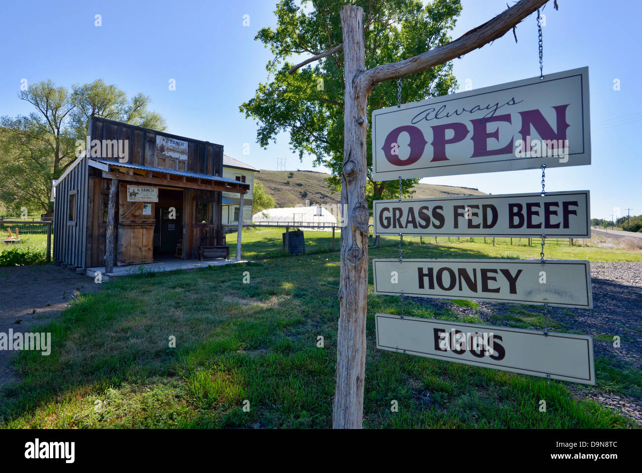 Grass fed beef, honey and eggs for sale at a roadside stand near
