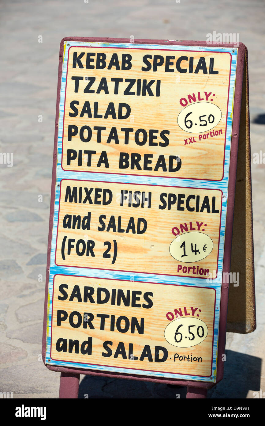 A resturant menu board in Skala Eresou on Lesvos, Greece Stock Photo