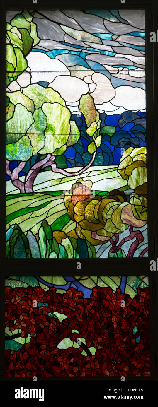 detail of stained glass window by Adolf Böhm in sun room in the Otto Wagner Villa in Hütteldorf, Vienna, Austria Stock Photo