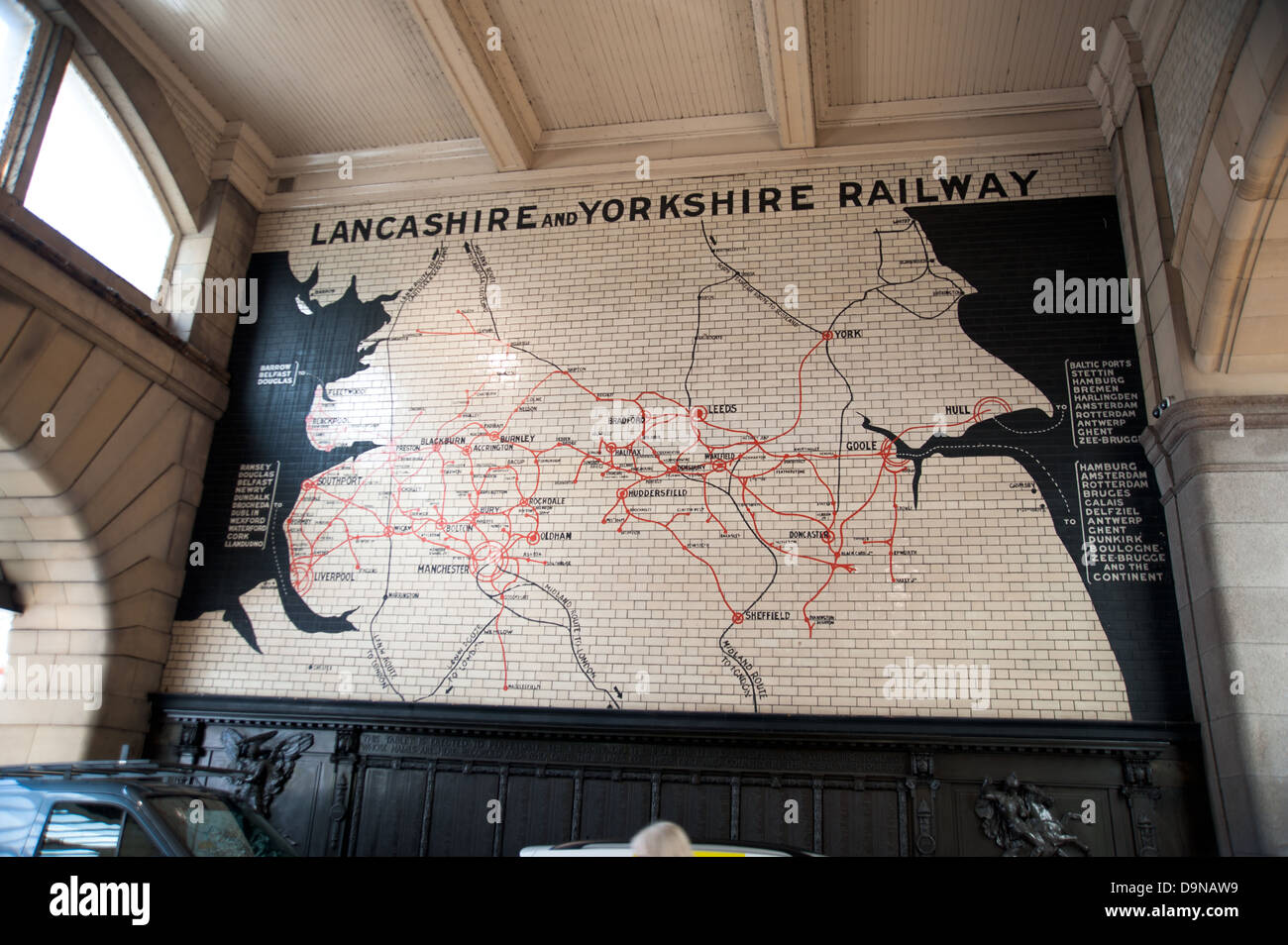 Historic tiled map showing the old Lancashire and Yorkshire railway network, Manchester Victoria Station Stock Photo